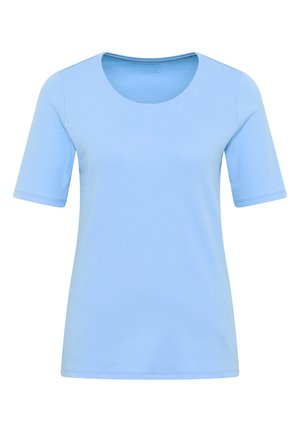 Ljusblå kortärmad t-shirt gjord av mjuk bomull, med rund halsringning och en enkel, odekorerad design.