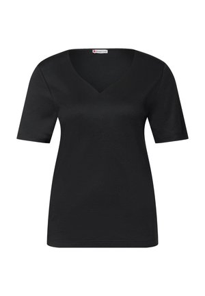 Czarny T-shirt z dekoltem w serek, krótki rękaw, wykonany z gładkiego materiału. Charakteryzuje się prostym wzornictwem i lekkim rozciągnięciem dla komfortu.