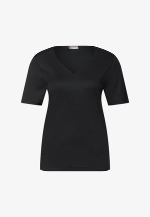 Svart V-ringad t-shirt med korta ärmar, tillverkad av ett mjukt tyg. Har en ren design och lätt stretch för komfort.