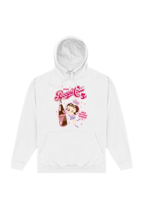 Hvid hættebluse med farverigt grafisk print og teksten "Drink Boopsie" samt en illustration af en flaske og karakter. Frontkangaroo-lomme.
