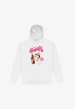 Hvid hættebluse med farverigt grafisk print og teksten "Drink Boopsie" samt en illustration af en flaske og karakter. Frontkangaroo-lomme.