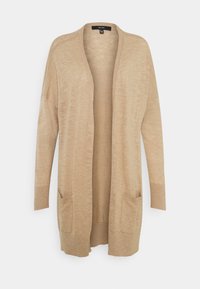 Cardigan beige con apertura frontale, maniche lunghe e polsini a coste. Presenta due tasche frontali e un morbido tessuto lavorato a maglia.