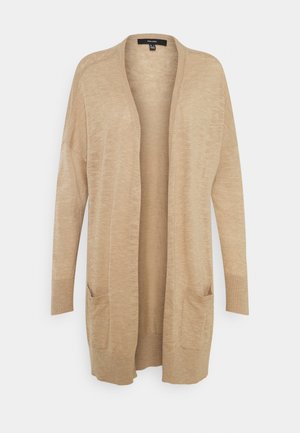 Cardigan beige con apertura frontale, maniche lunghe e polsini a coste. Presenta due tasche frontali e un morbido tessuto lavorato a maglia.