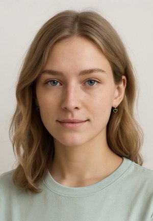 Junge Frau mit schulterlangem, hellbraunem Haar, blauen Augen, die kleine goldene Herzohrringe und ein blassgrünes Hemd trägt, vor neutralem Hintergrund.