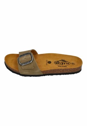 Brown suede slide sandal with wide adjustable strap, metal buckle, cork sole, and black rubber outsole, size 38, marked "Plakton" and "Made in Spain."