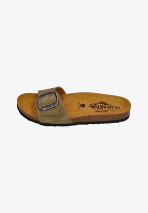 Brown suede slide sandal with wide adjustable strap, metal buckle, cork sole, and black rubber outsole, size 38, marked "Plakton" and "Made in Spain."