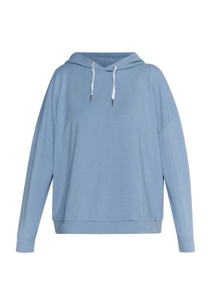 Sudadera de color azul claro hecha de un tejido suave, con un corte relajado, mangas largas, capucha con cordón y cuerdas con puntas plateadas.