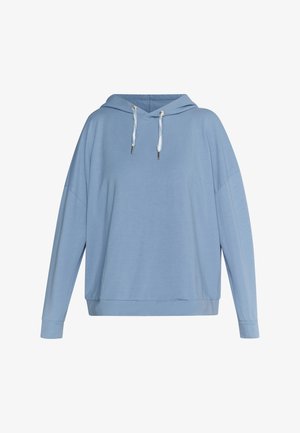 Sudadera de color azul claro hecha de un tejido suave, con un corte relajado, mangas largas, capucha con cordón y cuerdas con puntas plateadas.