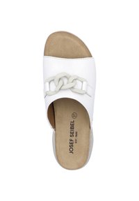 White slip-on sandal featuring a chain accent, leather upper, textured insole, and a rounded toe. Brand name "Josef Seibel" is visible inside.