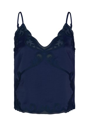 Navy blue camisole with lace trim, adjustable spaghetti straps, and scalloped edges, designed for a sleeveless fit.
