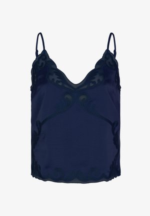 Navy blue camisole with lace trim, adjustable spaghetti straps, and scalloped edges, designed for a sleeveless fit.