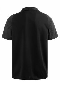 Schwarzes Polohemd mit einem strukturierten schwarzen Muster an den Ärmeln, kurzen Ärmeln und einem klassischen Kragen. Glatter Stoff, schlichtes Design.