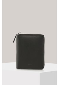 Black leather wallet with a structured rectangular shape, featuring a visible zipper and subtle branding on the front. Smooth texture.