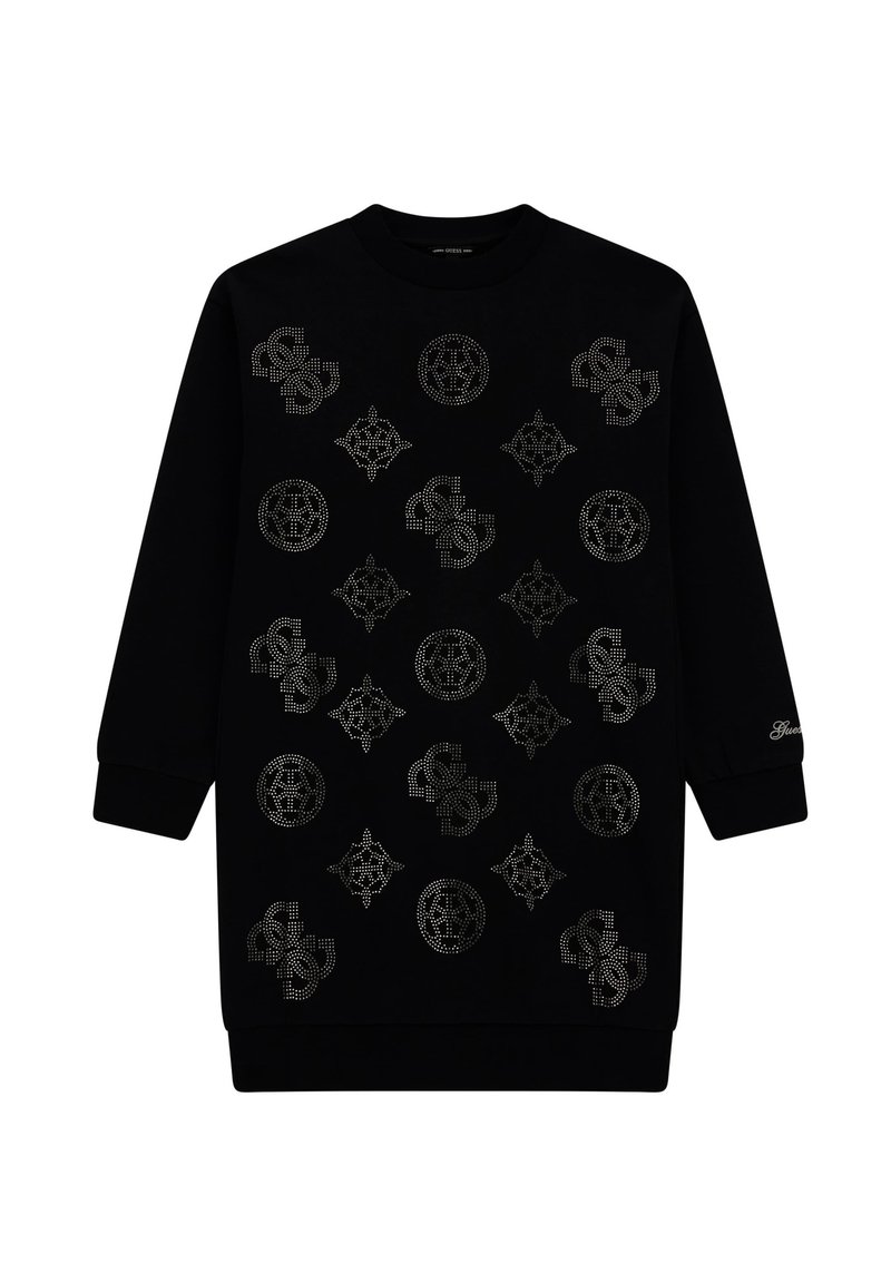 Musta college-mekko pitkillä hihoilla, jossa on vaihteleva kuviointi hopeisilla niiteillä. Ribbireunukset hihoissa ja helmassa. Mallettimen nimi hihassa.