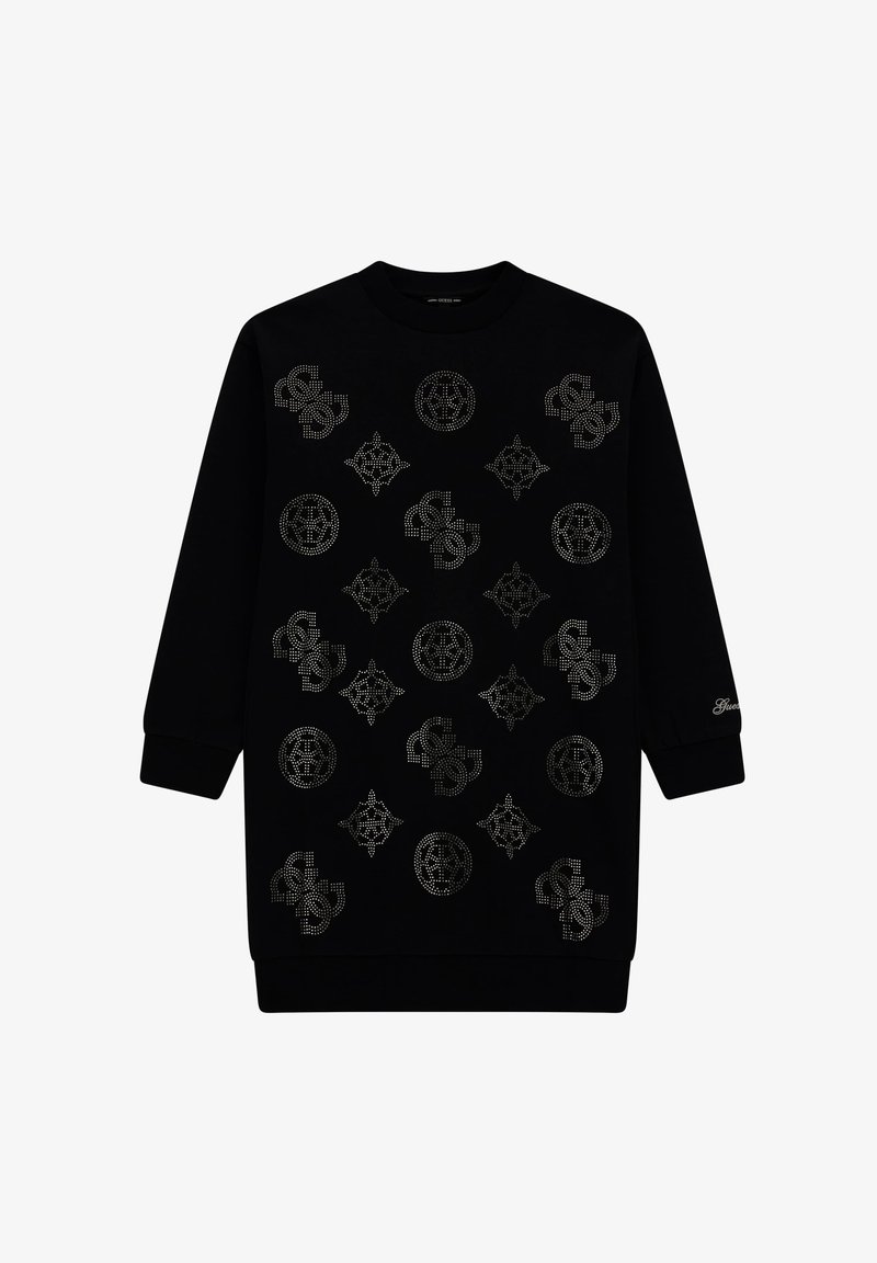 Černé šaty se dlouhými rukávy, zdobené stříbrnými hroty s různými vzory. Žebrované manžety a lem. Název značky na rukávu.