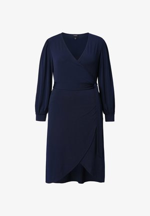 Sininen kietaisumekko, jossa on pitkät puff-hihat, V-pääntie ja sivusolki. Valmistettu sileästä kankaasta, jossa on rypytettyjä yksityiskohtia sivussa.