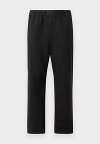 Melnas elastīgas bikses ar pogu aizdari, taisna kāju konstrukcija un sānu kabatām, attēlotas uz balta fona.