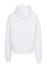 Felpa bianca con cappuccio, a maniche lunghe, con polsini e orlo a costine e una morbida texture di cotone. Design semplice senza motivi o accenti.