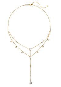 Goldfarbene, mehrlagige Halskette mit mehreren tropfen- und rundförmigen klaren Edelsteinen, die ein Y-förmiges Design und filigrane Kettenglieder aufweist.