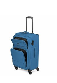 Valigia morbida blu con manico retraibile, due tasche frontali con cerniera aperte e quattro ruote girevoli.