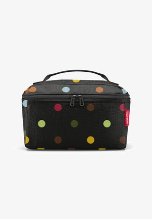 Schwarze Stofftasche in rechteckiger Form, mit bunten Pünktchen in Orange, Gelb, Pink, Grün und Blau. Doppelter Reißverschluss und Griff.