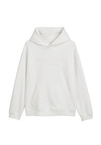 Biała bluza z kapturem z kieszenią kangurką, miękka tkanina, szeroki dekolt oraz tłoczony na przodzie napis "Marc O'Polo EST. IN STOCKHOLM".