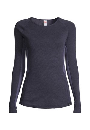 Langärmliges Shirt in Dunkelblau, aus weichem, atmungsaktivem Stoff. Verfügt über Raglanärmel mit kontrastierenden, helllila Seiteneinsätzen.