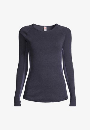 Langärmliges Shirt in Dunkelblau, aus weichem, atmungsaktivem Stoff. Verfügt über Raglanärmel mit kontrastierenden, helllila Seiteneinsätzen.