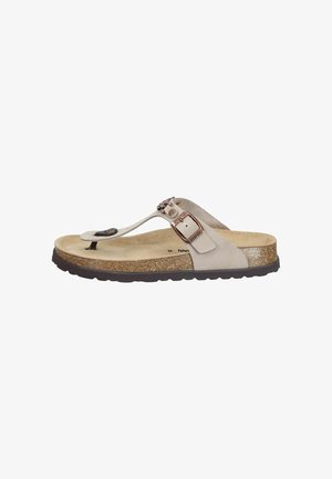 Beige thong sandal with adjustable buckle strap, cork footbed, and black textured rubber sole, designed for comfort and casual wear.