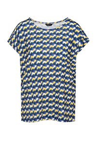 Camicia blu a maniche corte con un motivo di forme a mezzaluna sovrapposte di colore giallo, blu e bianco. Collo rotondo, vestibilità comoda, tessuto leggero.
