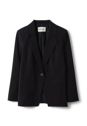 Black single-button blazer with notch lapels and front welt pockets, labeled Stefanel, displayed on white background.