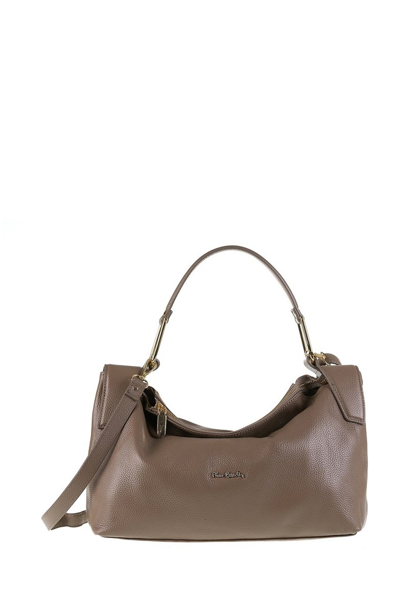 Borsa a tracolla in pelle marrone con texture, manico curvo, tracolla removibile e dettagli in hardware e zip color oro.