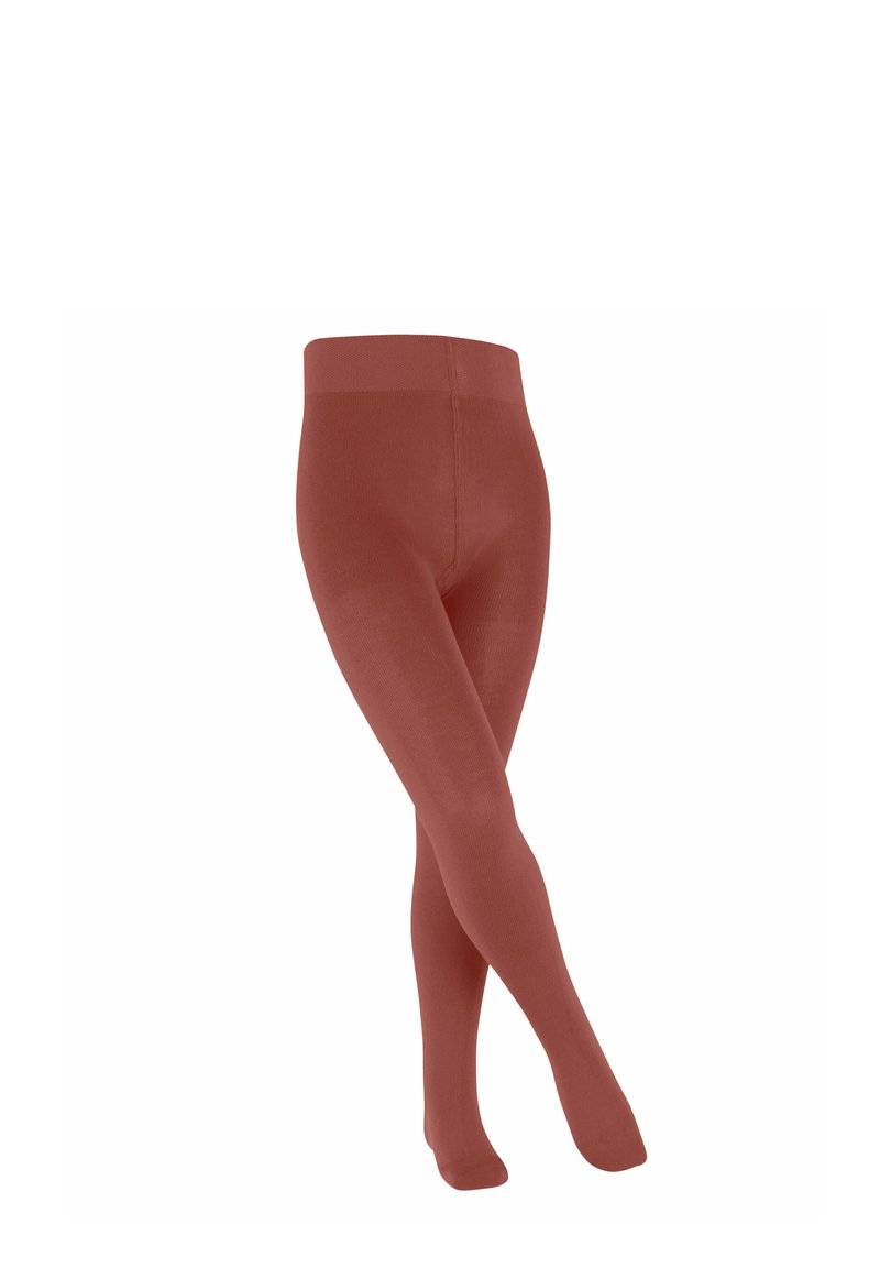 Czerwone dziane rajstopy wyeksponowane w pionie, o gładkiej teksturze i elastycznym pasie, na jednolitym białym tle.