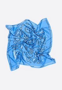 Foulard in seta blu con disegni in linea nera di soli, fiori e foglie su una trama liscia, con bordi decorativi e stelle.