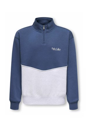 Blauw-witte color-block pullover met lange mouwen, een halve rits en een "Parks Gallery" logo op de bovenste linkerborst.