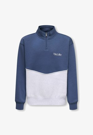 Pullover a maniche lunghe blu e bianco color-block con mezza cerniera e logo "Parks Gallery" sul petto in alto a sinistra.