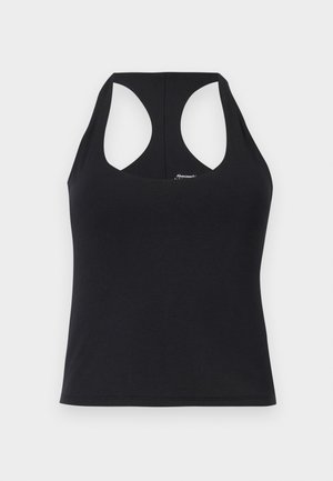 Black tank top made of smooth, stretchy fabric with a scoop neck and racerback design. Features straight hem and minimal branding.