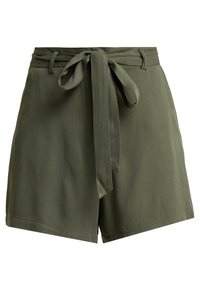 Shorts verde oliva realizzati in tessuto leggero, con cintura anteriore a fiocco, vita strutturata e orlo ben rifinito.