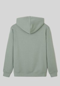 Sweat à capuche vert clair, en mélange de coton doux. Il dispose d'une poche kangourou et de poignets côtelés. Texture lisse et design décontracté.