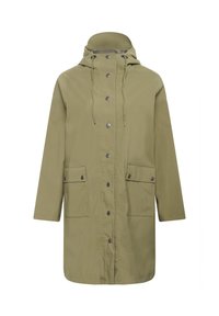 Veste légère de couleur vert olive avec une capuche, des boutons-pression et deux poches avant. Dispose d'un cordon de serrage ajustable et d'une coupe droite.