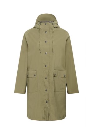 Olive green, lightweight jacket with a hood, snap buttons, and two front pockets. Features adjustable drawstring and a straight cut design.