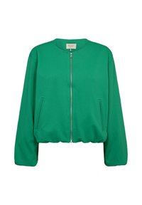 Groene jas met rits, ronde hals, lange mouwen en zijzakken. Gemaakt van gladde stof met een losse pasvorm en elastische tailleband.