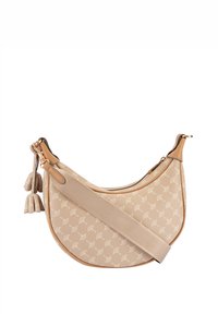 Borsa a spalla color cuoio con motivo testurizzato, dettagli in oro e doppie nappine. Presenta una tracolla larga e una forma curva. Design elegante.