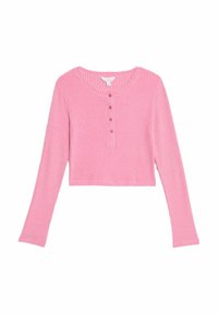 Roze geribde crop top met lange mouwen, ronde hals en vijf knopen aan de voorkant. Zachte textuur en aansluitend ontwerp.