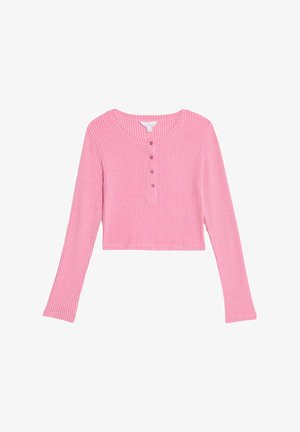 Roze geribde crop top met lange mouwen, ronde hals en vijf knopen aan de voorkant. Zachte textuur en aansluitend ontwerp.