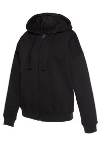 Sudadera con cremallera negra, hecha de una tela suave, con una capucha amplia, cordones y puños y dobladillo acanalados. Textura suave con un corte relajado.