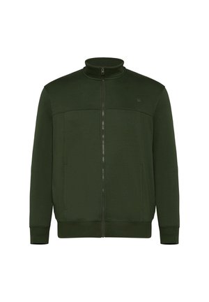 Donker groene zip-up trui met een hoge kraag, voorzien van een gladde stof, geribbelde manchetten en een eenvoudig, schoon ontwerp. Geen patronen of logo's zichtbaar.