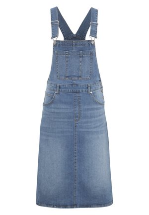 Jeans-Latzkleid in Hellblau, mit verstellbaren Trägern, Fronttasche und geradem Schnitt. Glatte Textur mit minimalen Nähten.