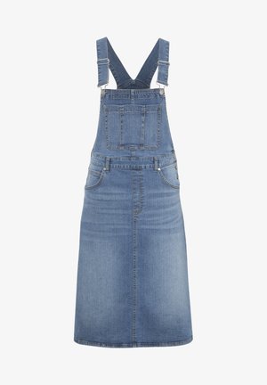 Jeans-Latzkleid in Hellblau, mit verstellbaren Trägern, Fronttasche und geradem Schnitt. Glatte Textur mit minimalen Nähten.