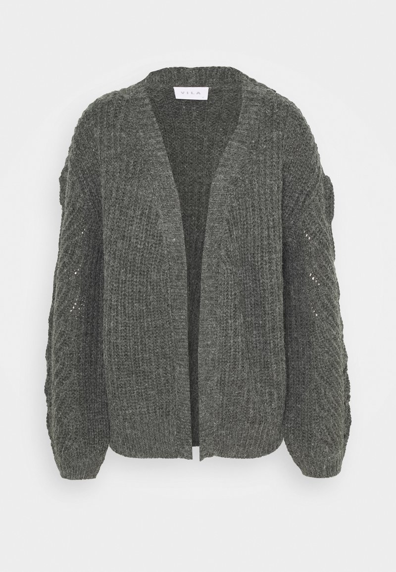 Dark gray knitted cardigan with open front, long puffed sleeves, and ribbed cuffs and hem.